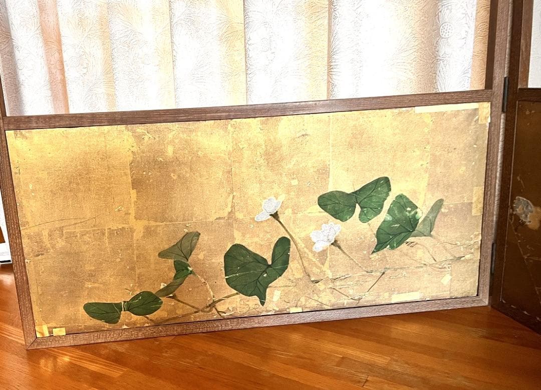 風炉先屏風 金屏風 上田公長 銘あり 明治時代 朝顔図 直しあり