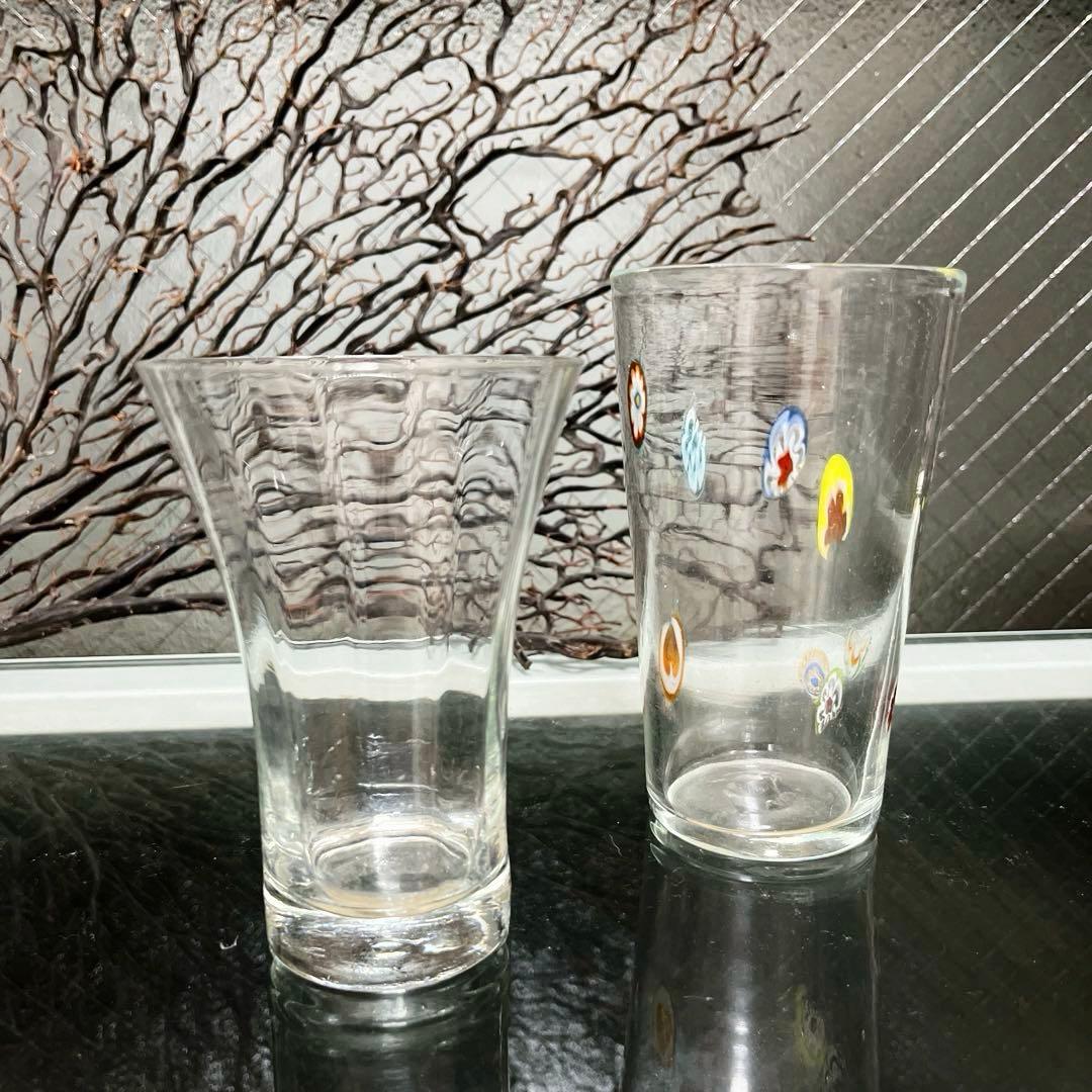 骨董 時代ガラス 薄張り 縞模様 ラッパ型 朝顔造り ピルスナ コップ