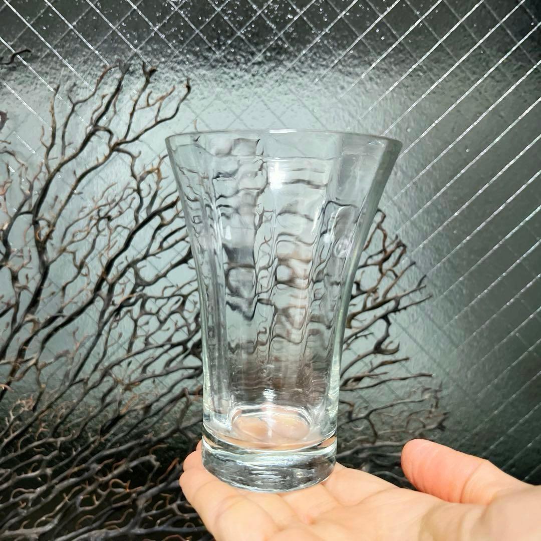 骨董 時代ガラス 薄張り 縞模様 ラッパ型 朝顔造り ピルスナ コップ