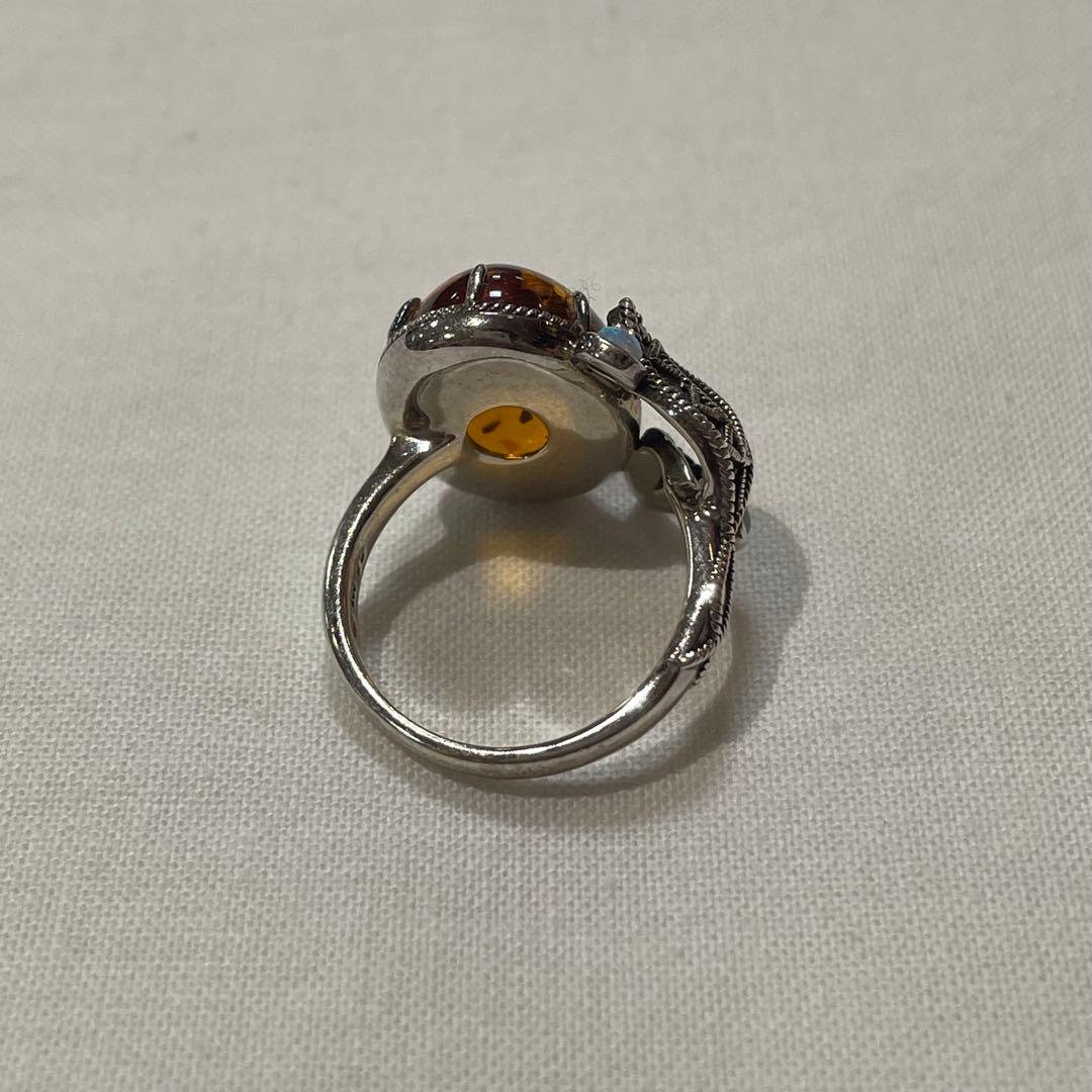 禄山 琥珀 & オパール アンバーリーフ シルバー リング