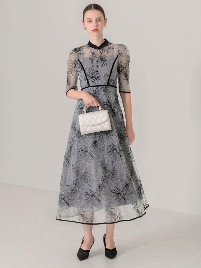 パイピングハイネック花柄ラメレースワンピースドレス結婚式パーティー成人式二次会