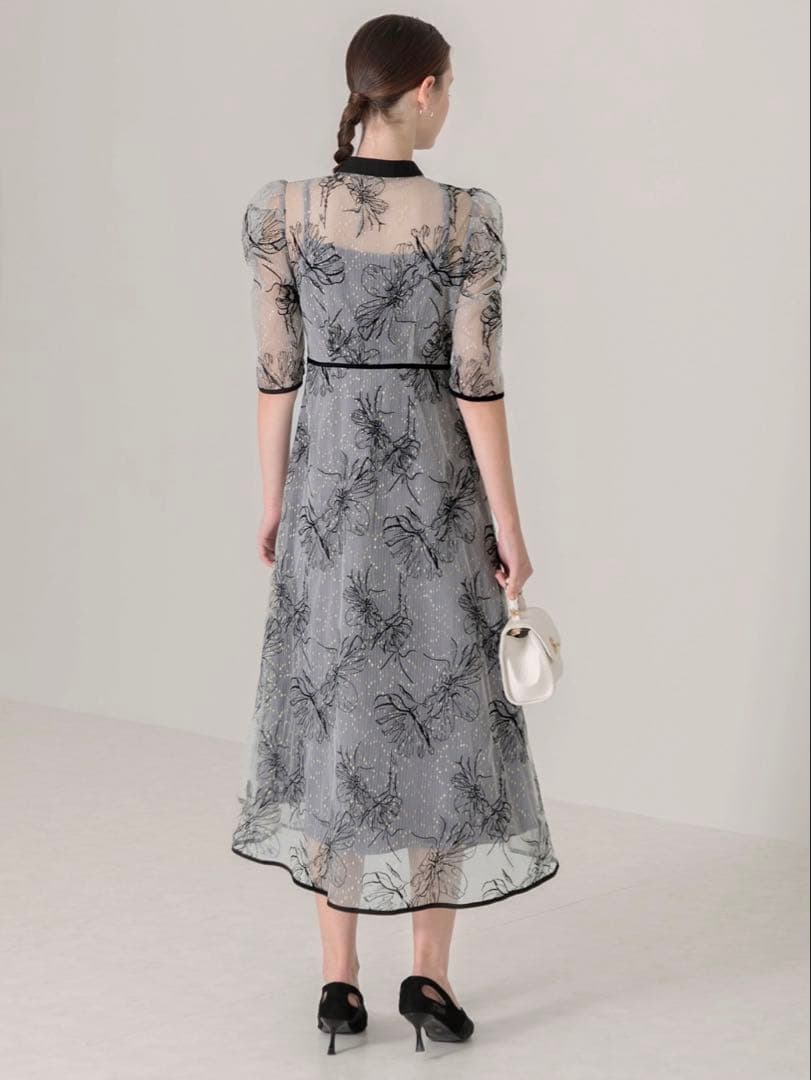 パイピングハイネック花柄ラメレースワンピースドレス結婚式パーティー成人式二次会