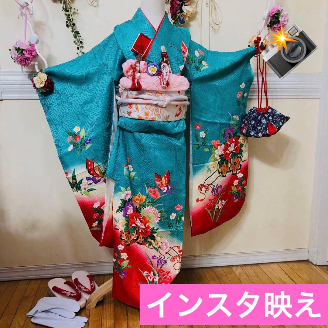 七五三七歳‼正絹️完全フルセット‼️人気Blue Greenに花車金彩煌びやか際立つ