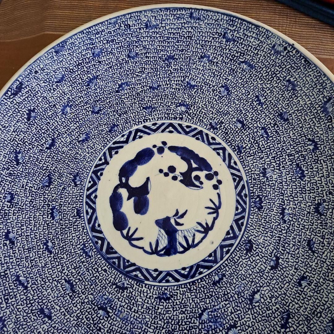 江戸中期　古伊万里　極上　染付青磁　微塵唐草ずくし図　　裏は蛸唐草図　大皿