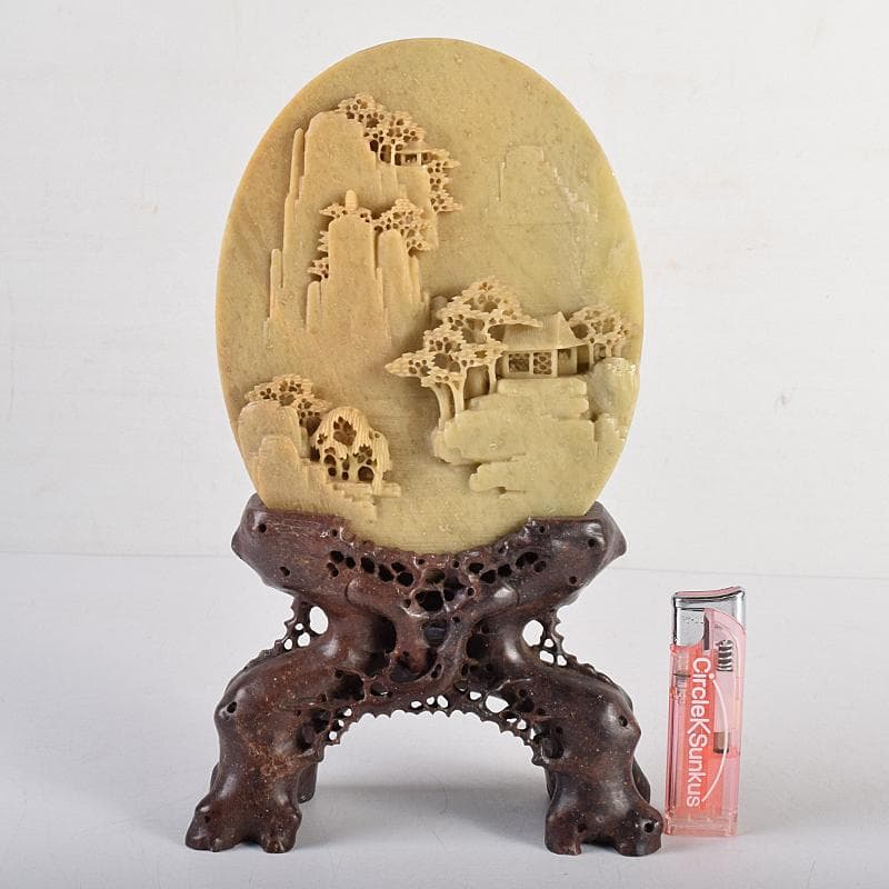 中国 玉石蝋石青田石彫刻 楼閣山水雕 硯屏 置物 V R8517 - メルカリ