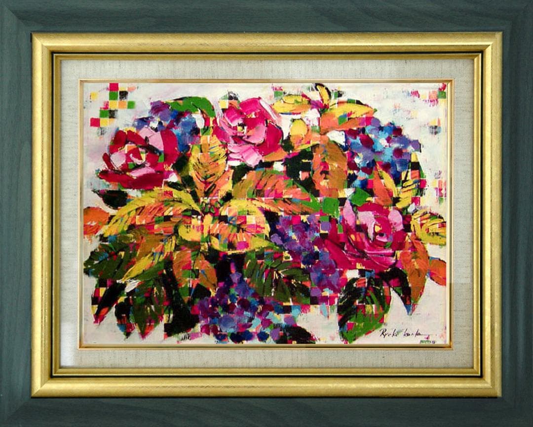 油絵 菅家令子 絵 絵画インテリア額付(青緑＋金色の枠) uF6-061704