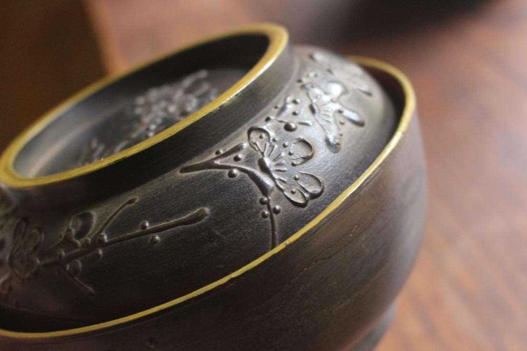 デッドストック！風情ある鉄錆塗に見返し富士蒔絵の映える煮物椀2