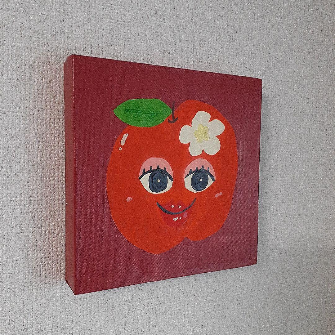 ハッピーあっぷるちゃん　油絵　画家　小楠アキコ作品　20×20cm　キャンバス