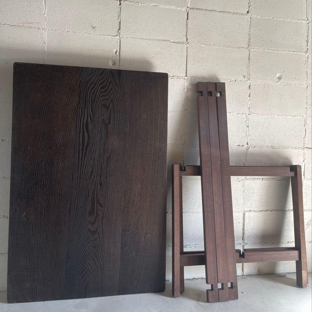 杉浮造り　ダイニングテーブル　作業台　展示台　什器　天板無垢材　濃茶色