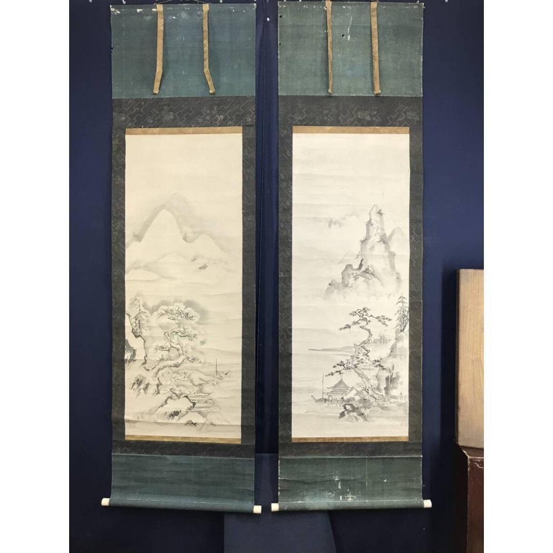 真作/山田道安/山水図/秋冬双幅/掛軸/名家伝来/AK-603