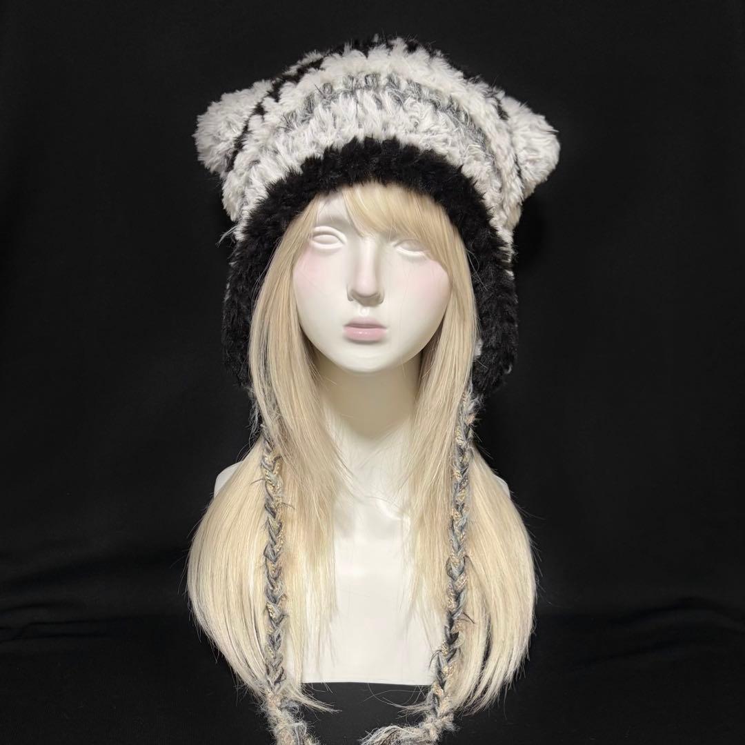 イヤーマフ付き 猫耳ニット帽 ハンドメイド 編み物 グランジ ブラック