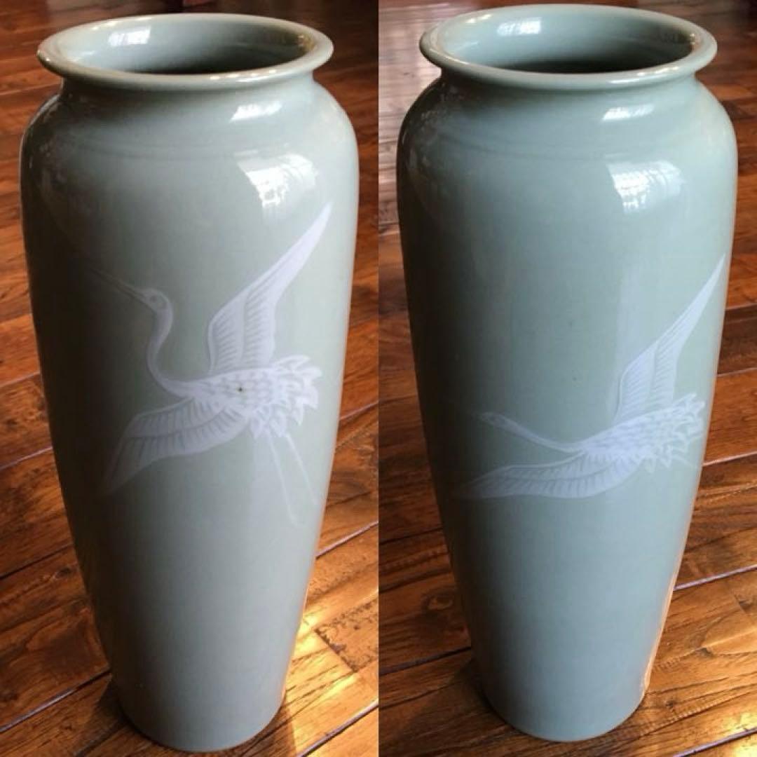 経年70年以上 清水焼 青磁 『鶴』花瓶 花器 花入 壺 飾り壺 時代物 骨董