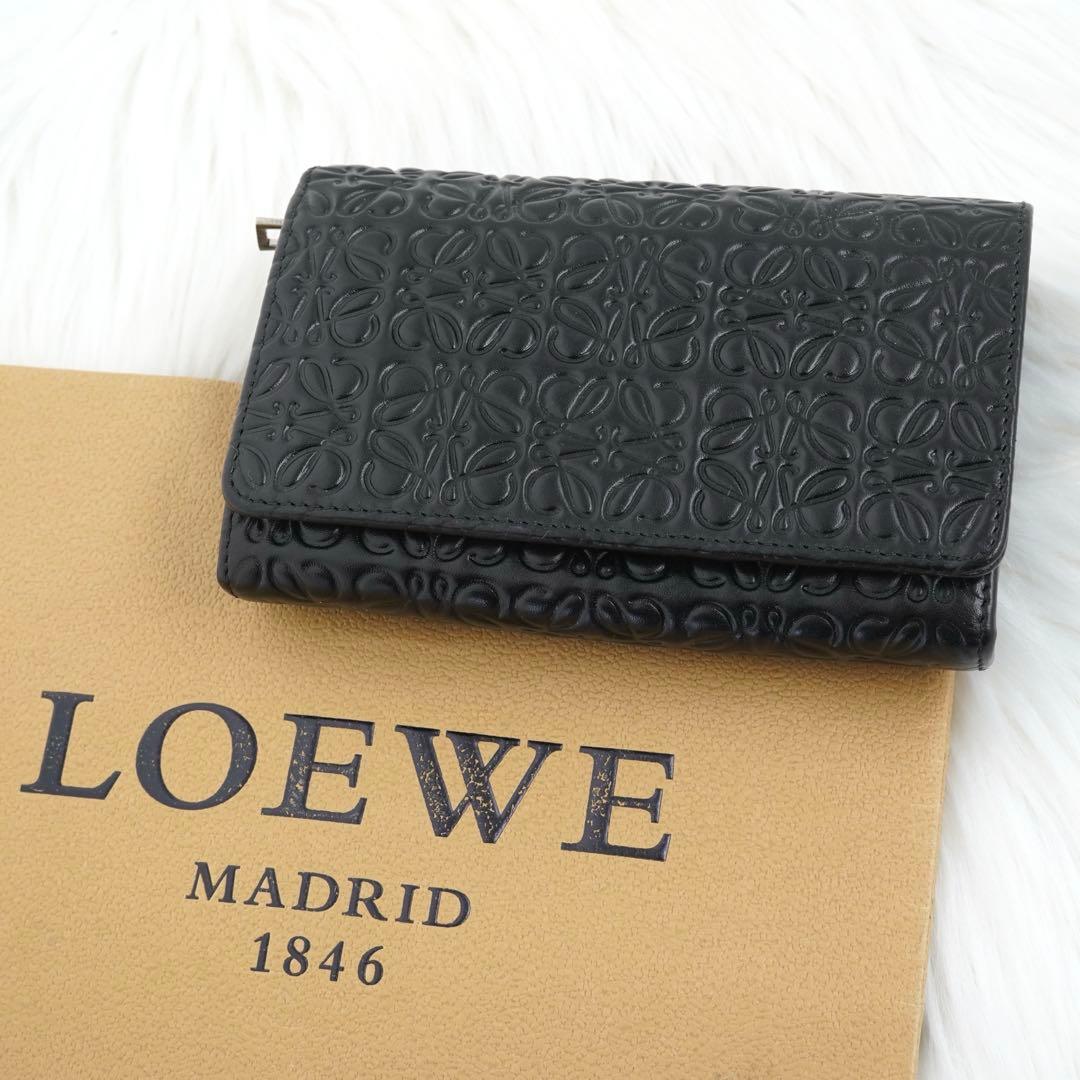 極美品 LOEWE ロエベ 二つ折り財布 レザー アナグラム ブラック - メルカリ
