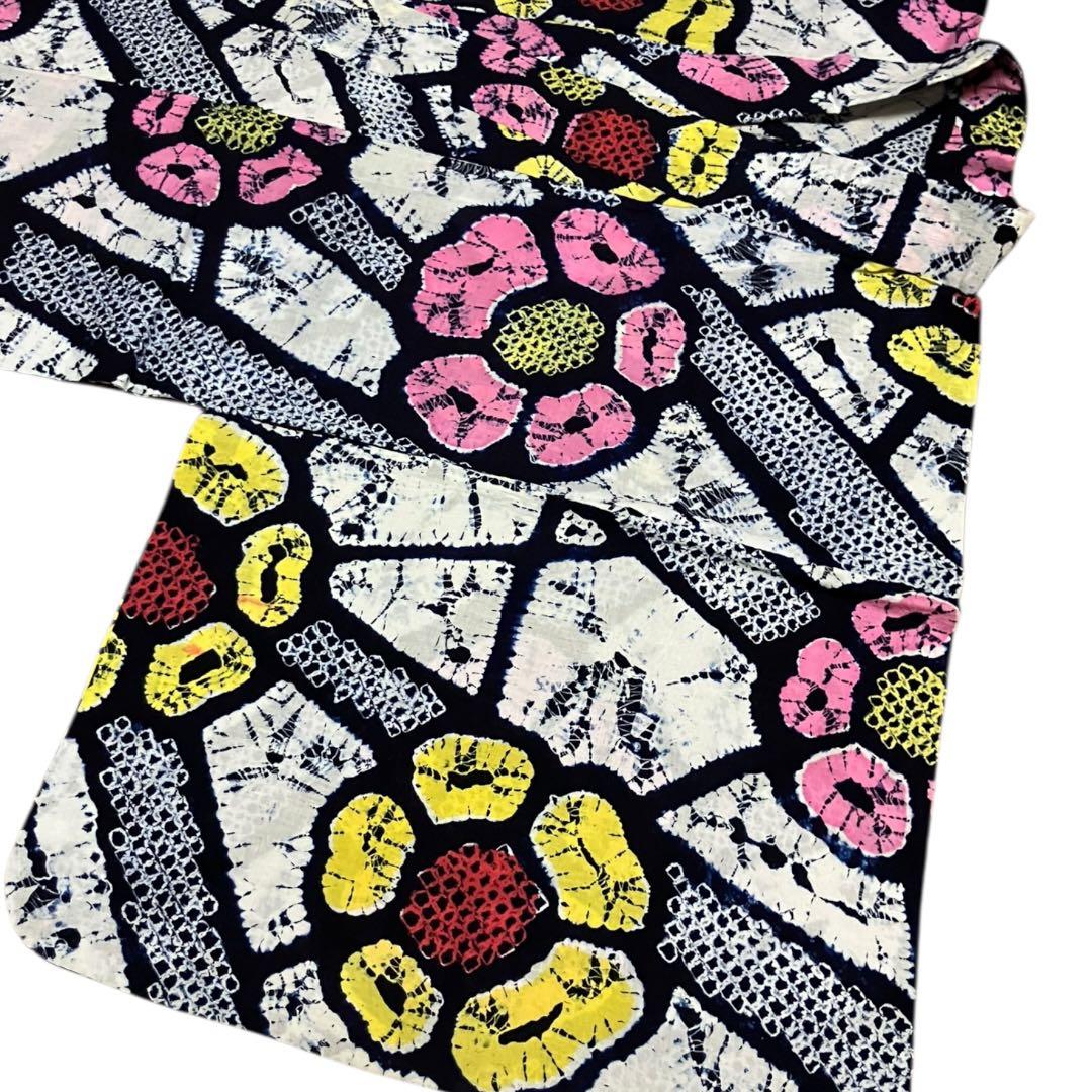 有松鳴海絞り 浴衣 ホワイト ネイビー 花柄 黄色 ピンク 綿 裄69cm 手縫