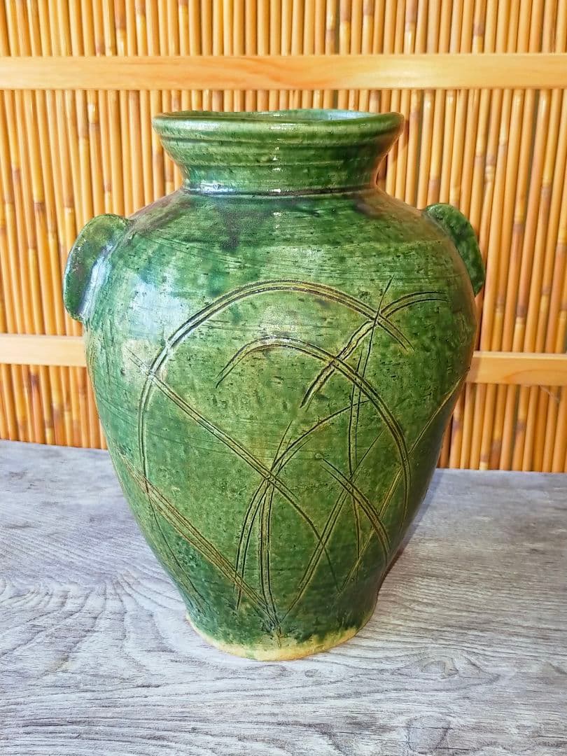 ♥魯山人写し　織部　秋草文　双耳　花器　桐箱付き　花瓶　骨董品