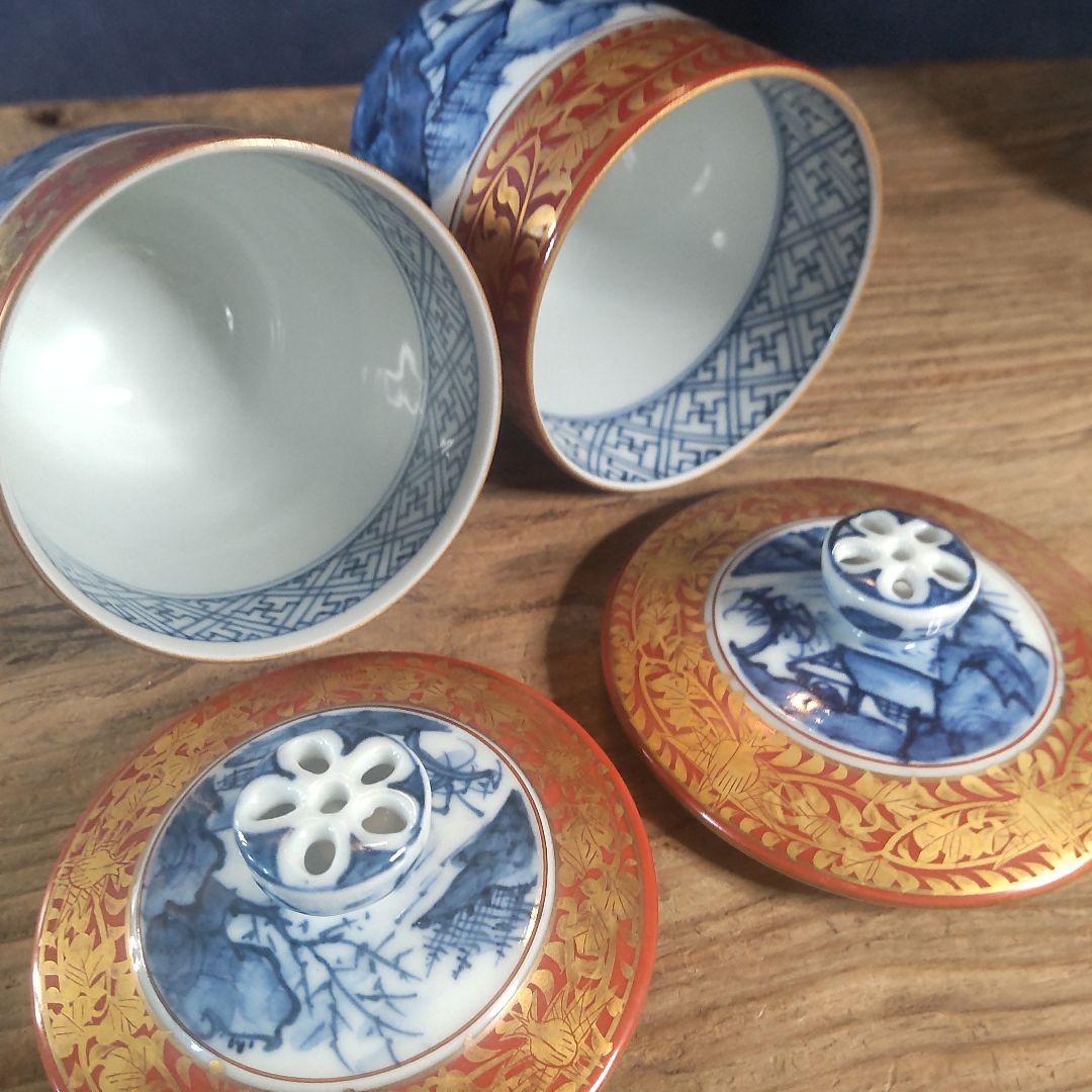 京焼 清水焼 金襴青華山夫婦茶碗 五座五重 2点セット 京