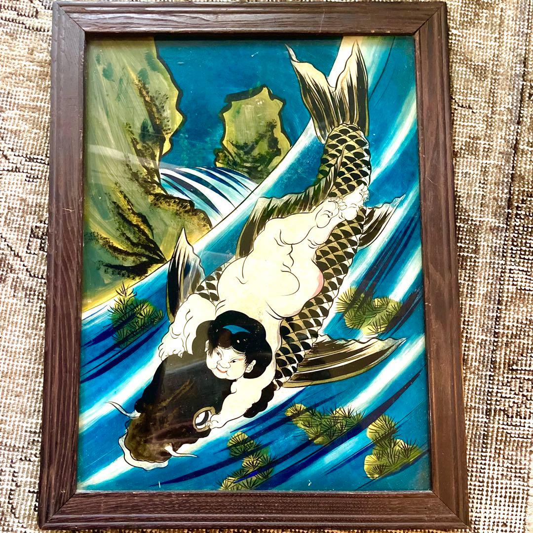 希少！【明治時代ガラス絵】金太郎 鯉つかみ図 手描き 古美術 骨董