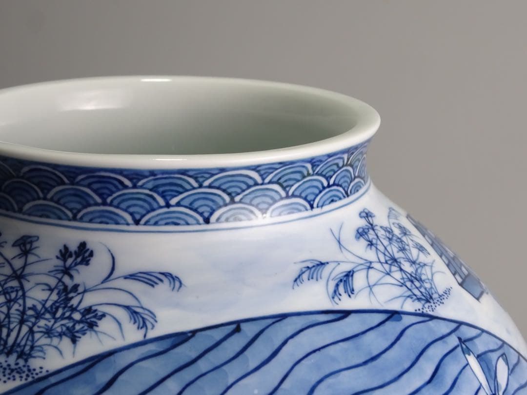 有田焼 名工 村上玄輝 秀逸作 染付 鳥獣戯画図写 花瓶 共箱