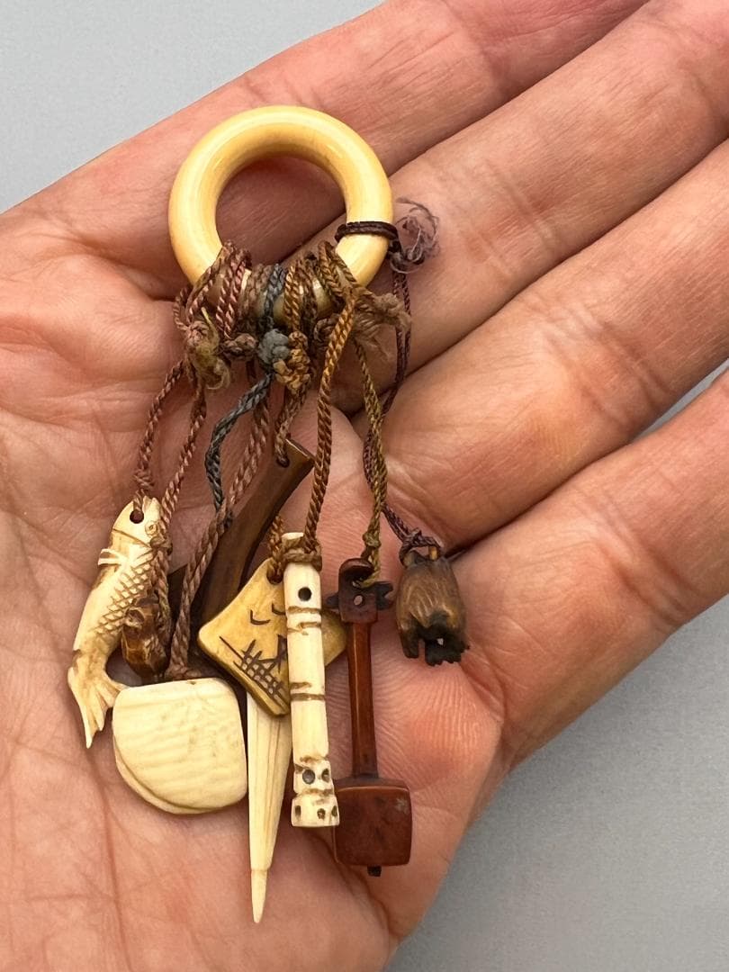 江戸期 レアミニ根付 天然素材 魚 貝 三味線 笛 傘 兎 10点 アンティーク