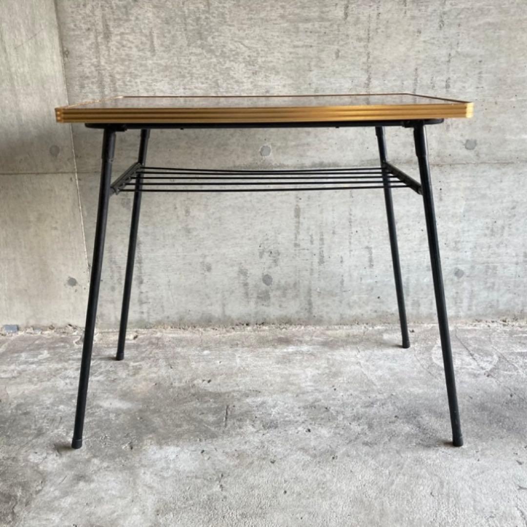 テーブル 机 折り畳み 鉄脚 作業机 食堂 木目調 棚付き 当時物 昭和