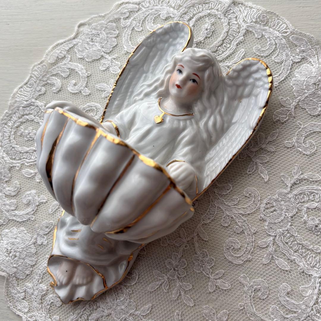 フランス】天使の聖水盤 陶磁器 ヴィンテージ オブジェ 壁掛け 白磁 金彩