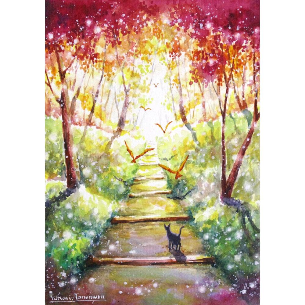 Cherryさま専用（原画）秋風が吹く道【A5サイズ／水彩画】絵画 秋の紅葉と