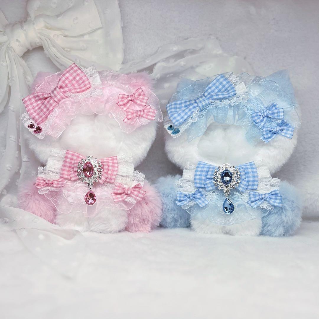 おすわりぬい服 10cm用 チェックリボンねこちゃん ピンク、水色 輪っか付き