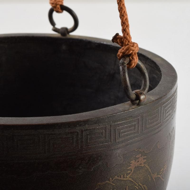 中国 古銅宣徳銅 漢詩山水楼閣文 壁飾 時代箱付 C 9086