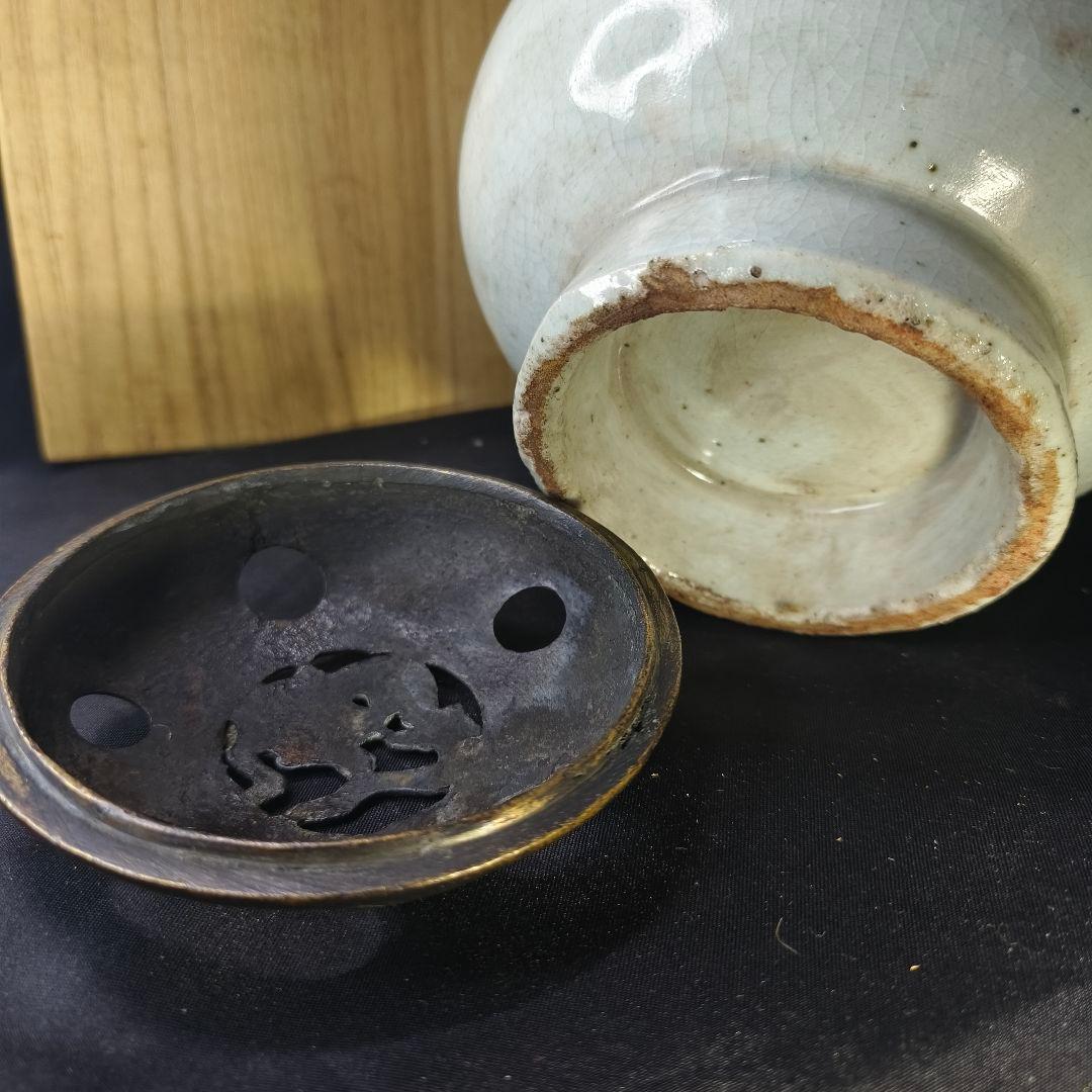 李朝骨董 古銅蓋青磁香炉 貫入入り 朝鮮王朝 古美術品 桐箱 コレクター