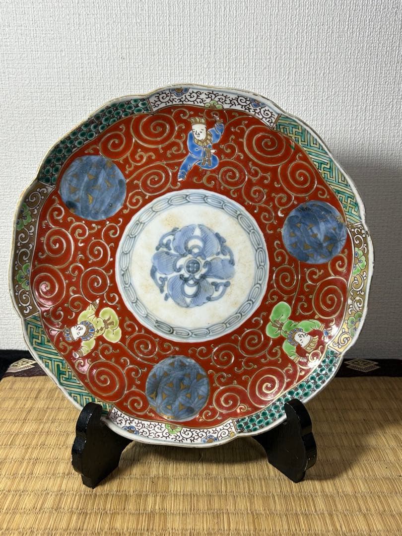 古伊万里色絵七寸皿 4枚 唐子 唐草図 明治時代初期