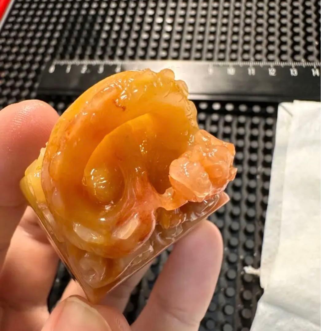 ラオス石螭虎穿環桃花凍田黄高級印材箱付き書道篆刻落款雅号