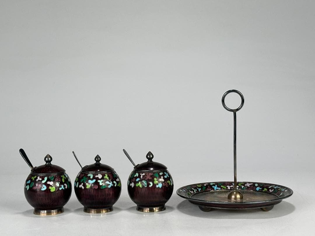 韓国美術　純銀製　刻印有　調味料入　七宝　茶器　茶道具　重さ317g