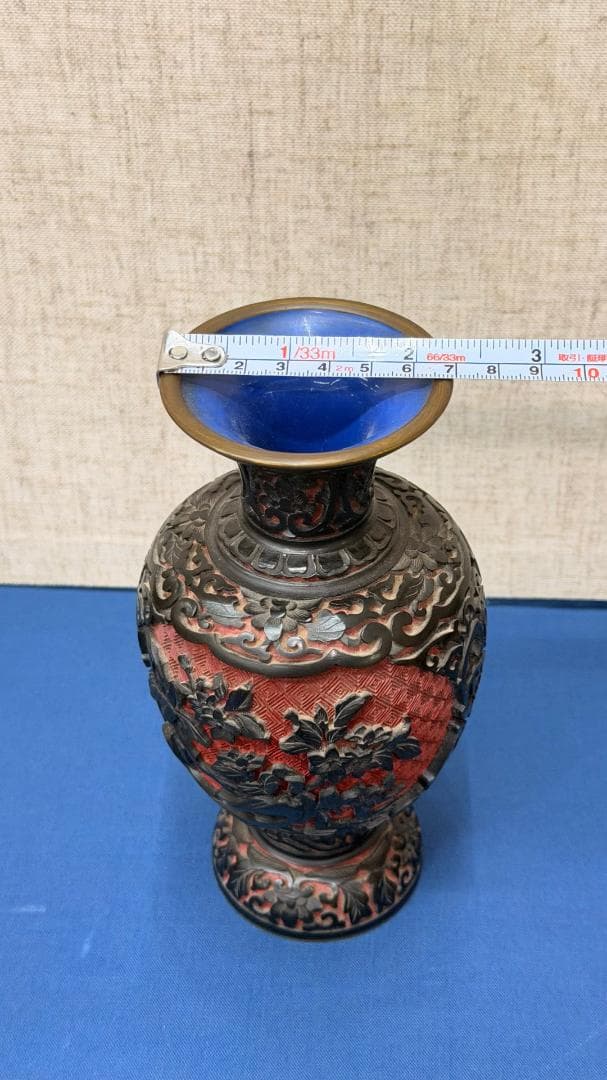 一点物・古美術】 銅製 堆朱意匠 花鳥文 装飾花瓶｜完形美品