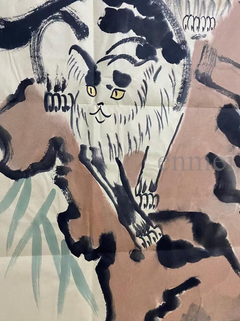 中国古美術 徐悲鴻款 雙猫図三尺画芯 肉筆手描き 動物画 宣紙画芯 証書