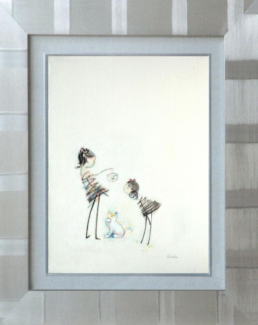 油絵 絵 絵画 インテリア 額付(黒) F4-030819 猫と女の子