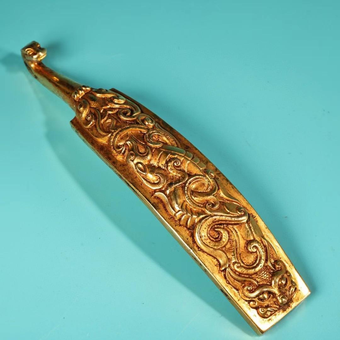 中国古美術・旧蔵龍紋如意腰帯留め・鏨刻鎏金・純銅细密彫・純手作り・高浮彫り・根付