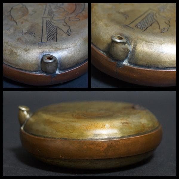 清 古銅製 栄寶款竹岩刻『人物風景図』金工細工水滴 水