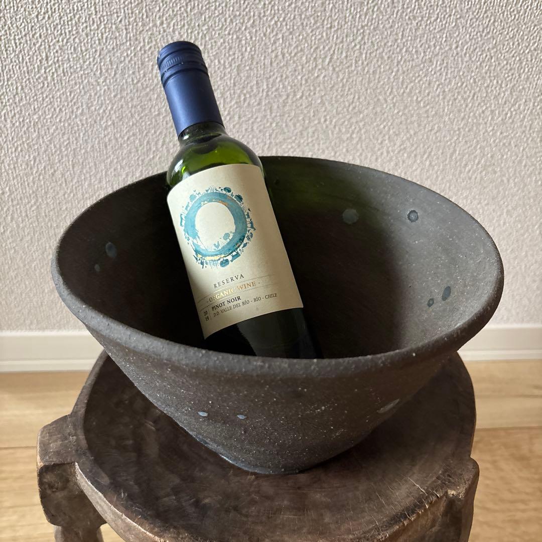 荒木義隆氏作 黒色陶器鉢(ワインクーラー)青点付き