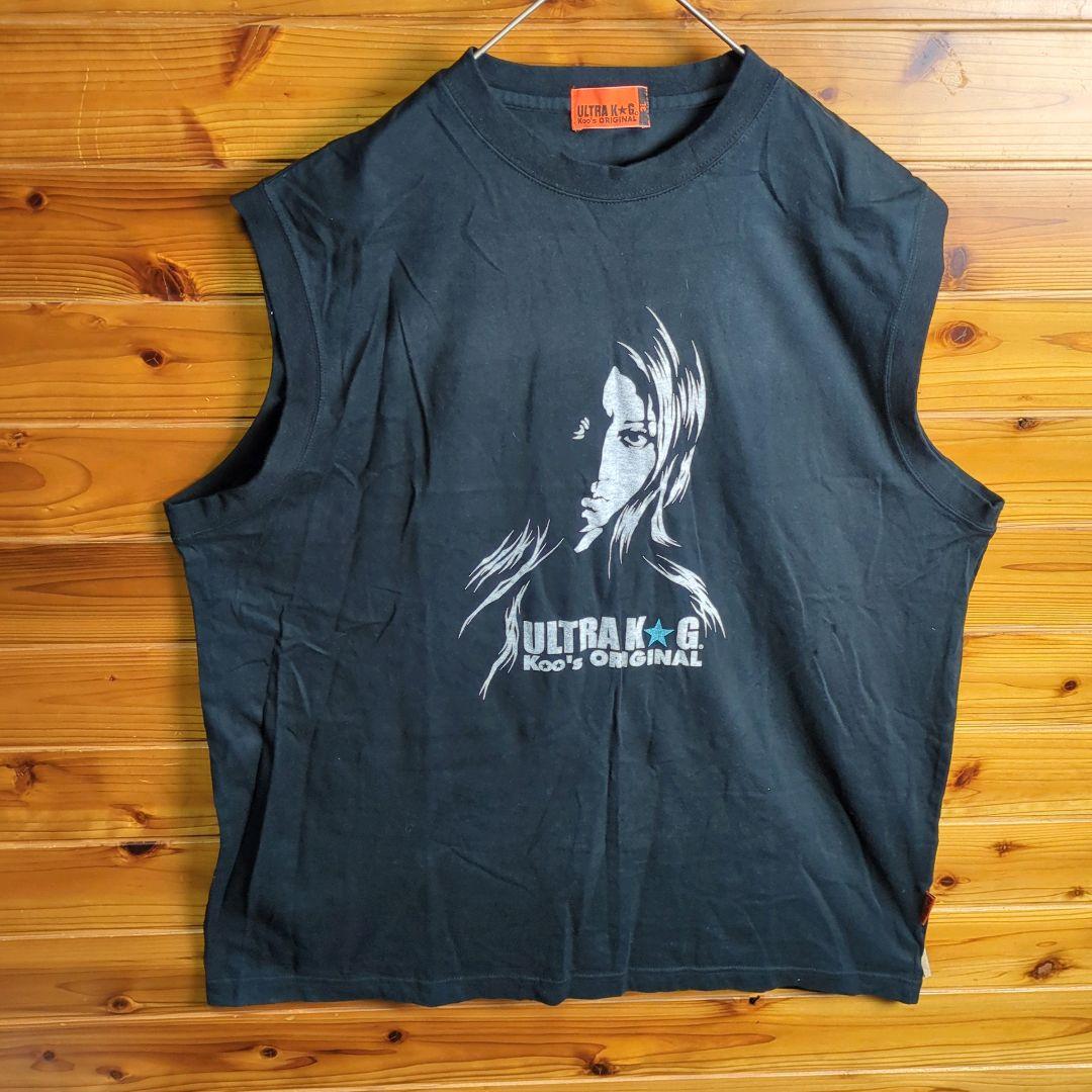 タンクトップ ノースリーブトップス ヒスガール風 女性 黒 3L 2XL 古着