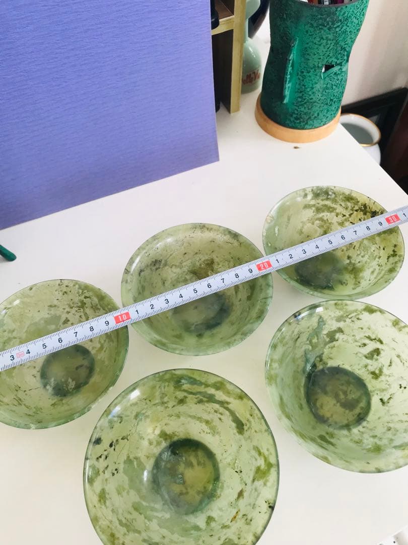玉杯 緑玉 盃 中国美術 天然石 皿 茶碗 5枚 茶道具 茶器