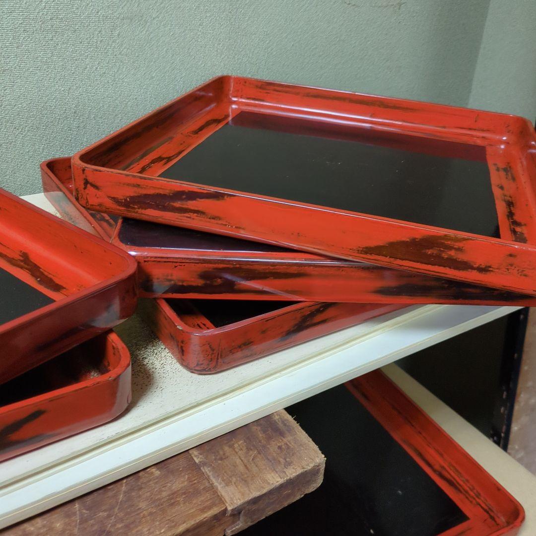 骨董　お盆　お膳　木製　漆器　あけぼの　トレイ　角盆　5つ