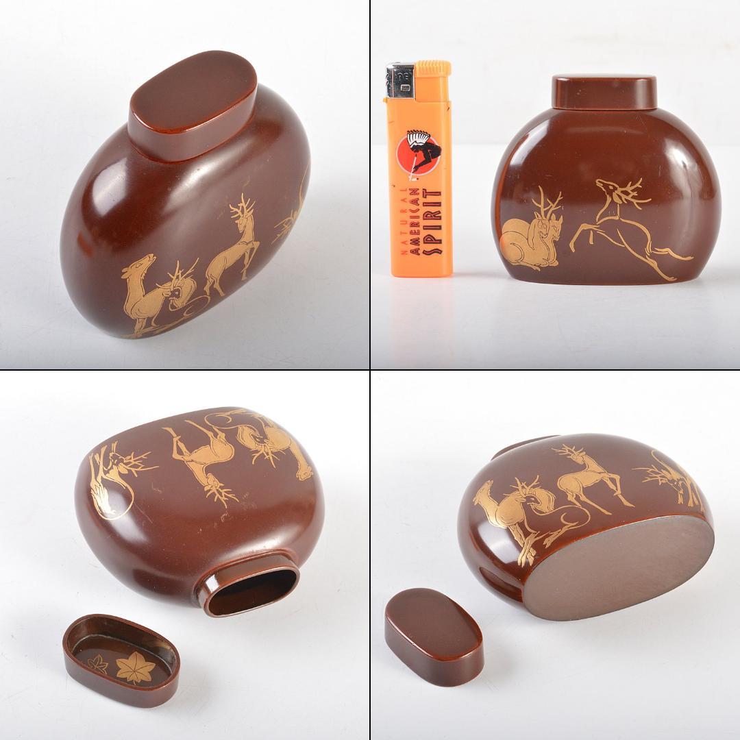 煎茶道具　漆塗　鹿蒔絵　茶壷　桐箱付　V　R5451