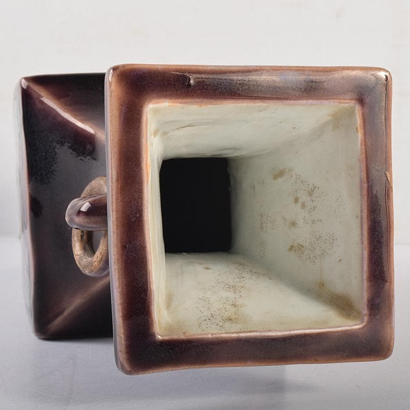 交趾焼　紫交趾　龍文　遊環双耳四方瓶　M　R7672B