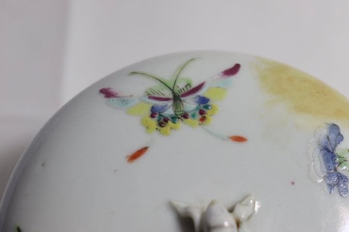 中国　清朝期　粉彩蓋器　喜上梅梢　アンティーク　木箱付0905