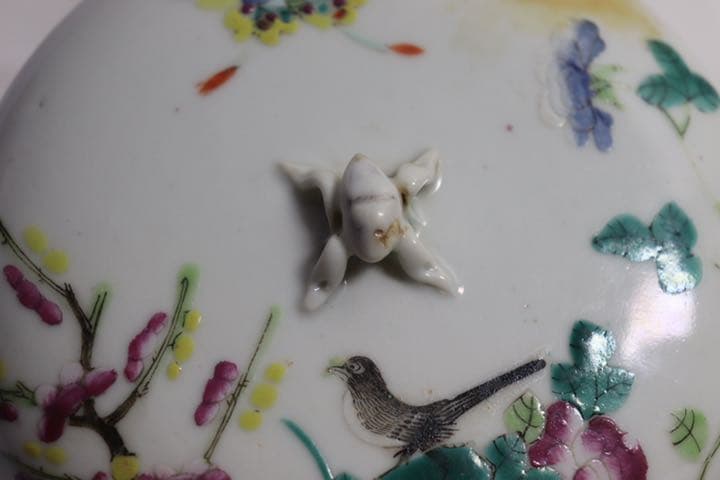 中国　清朝期　粉彩蓋器　喜上梅梢　アンティーク　木箱付0905