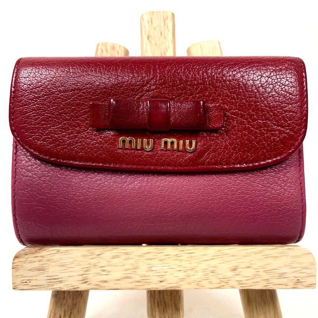 ミュウミュウ 折り財布 ロゴプレート リボン バイカラー レザー