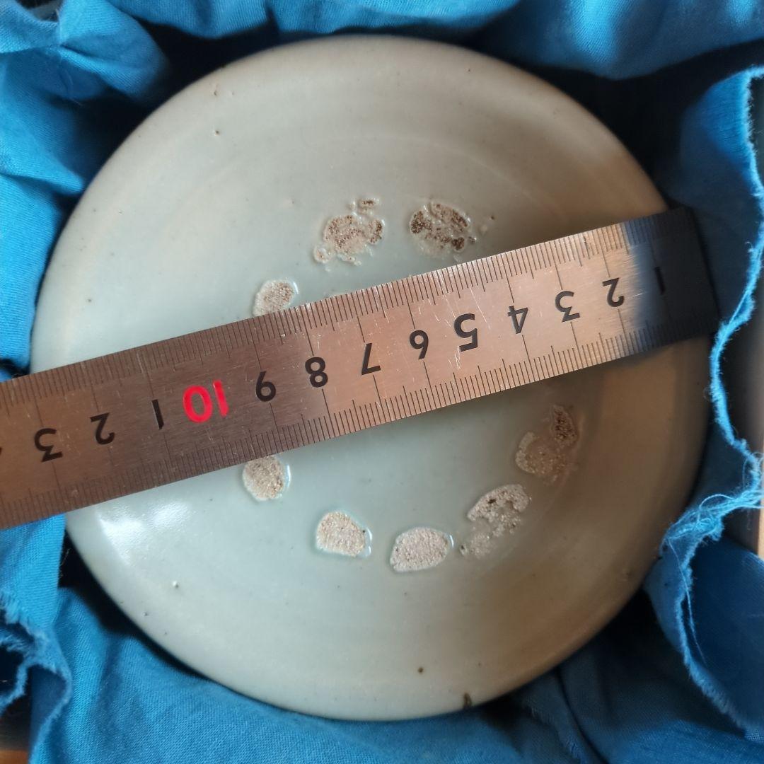 青磁 花模様 陶器皿 木箱付き 分院窯作 李朝面取台