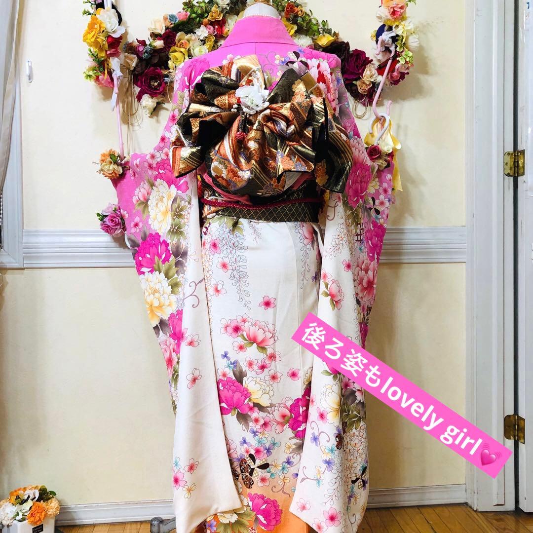 振袖フルセット‼️振袖ブランドLakokuIa❤️白地ピンク花々金彩 小物付