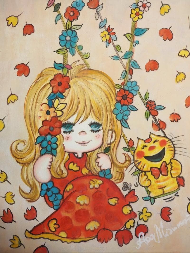 人物画油絵水森亜土女の子F6額付き手描き肉筆