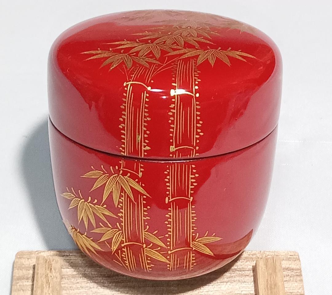 茶道具 伝統工芸加賀漆芸 朱漆塗沈金細工棗 朱漆塗沈金彫竹林